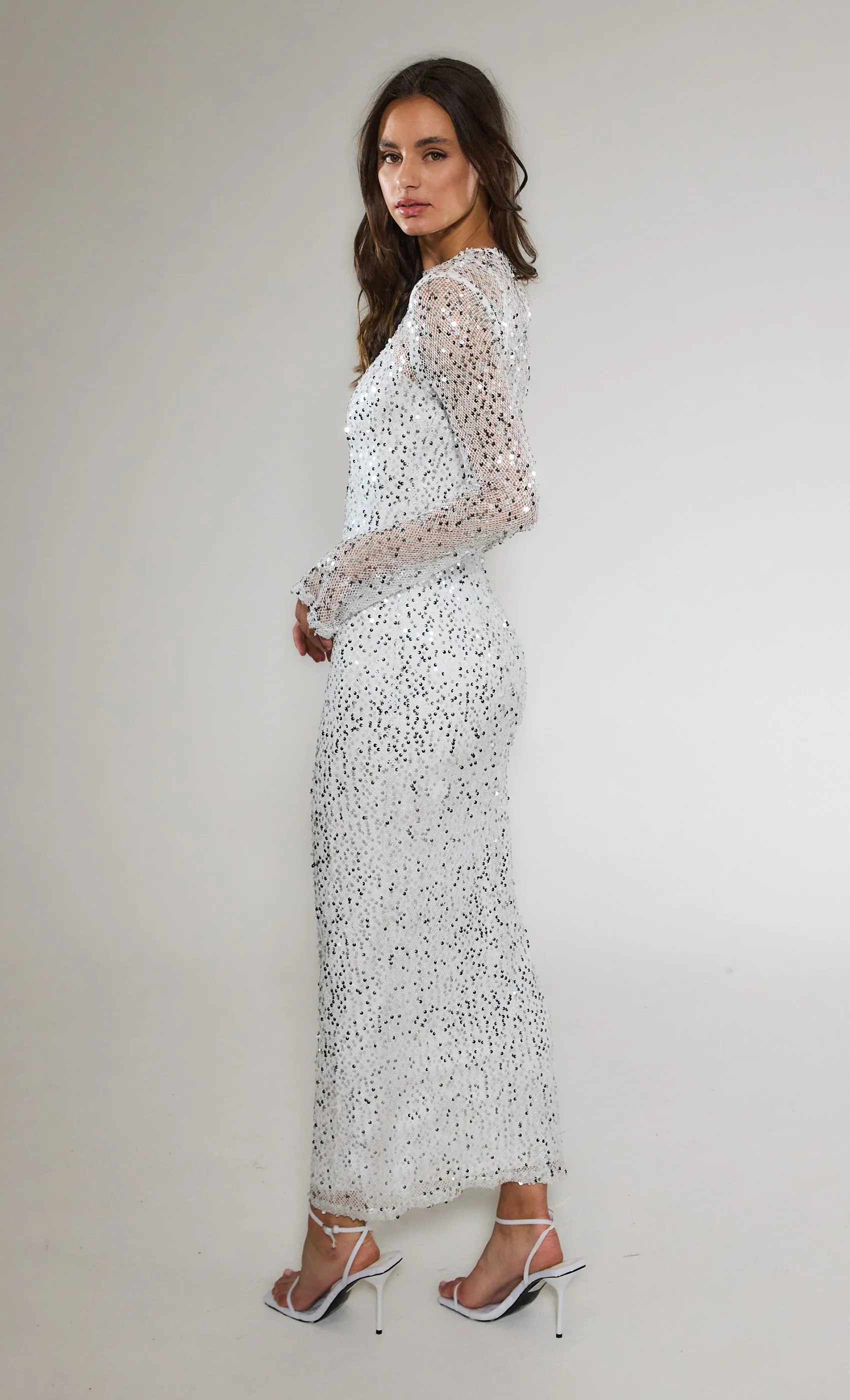 White Long Sleeve Sequin Maxi Dress