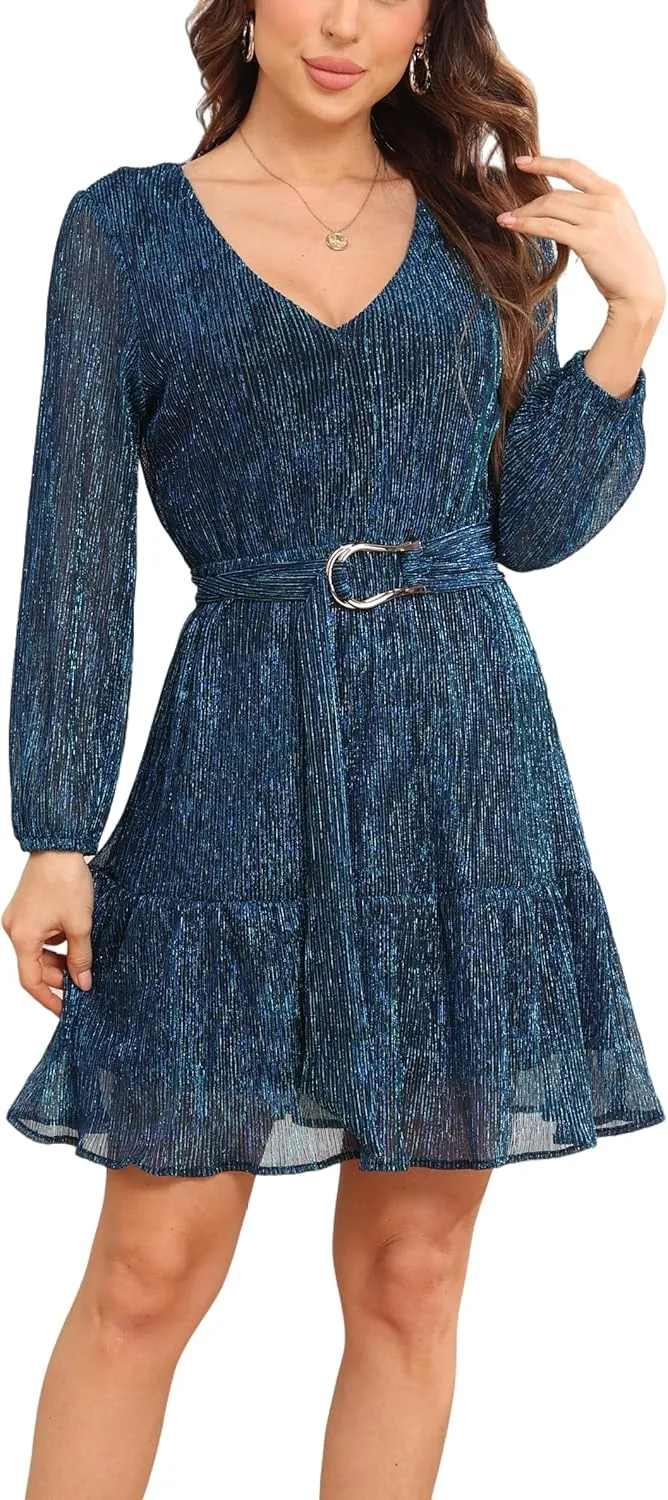 Woman Shiny Threads Dress Long Sleeve Lined with Belt V Neck Mini Pleated Dress