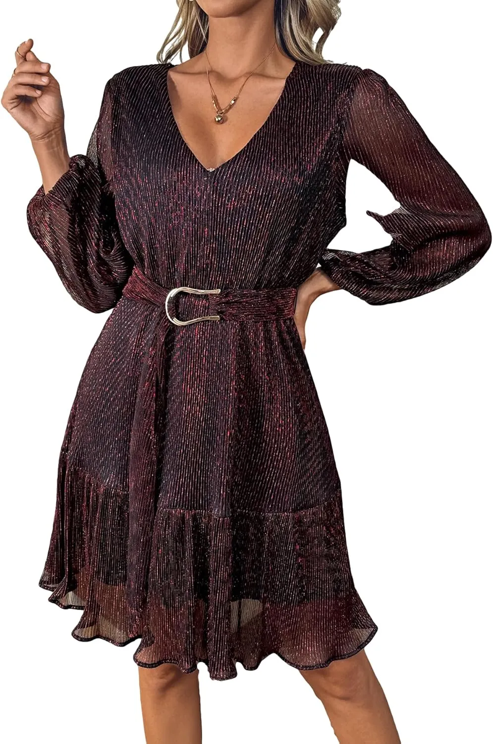 Woman Shiny Threads Dress Long Sleeve Lined with Belt V Neck Mini Pleated Dress