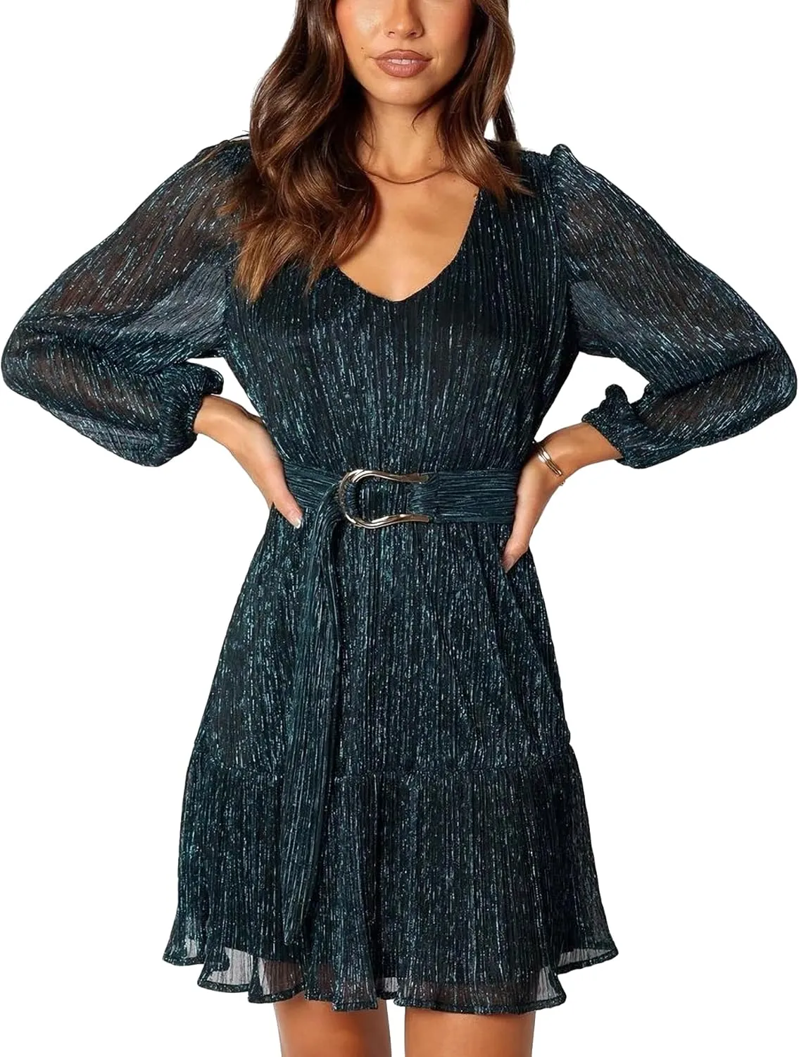 Woman Shiny Threads Dress Long Sleeve Lined with Belt V Neck Mini Pleated Dress