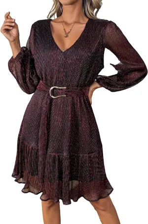 Woman Shiny Threads Dress Long Sleeve Lined with Belt V Neck Mini Pleated Dress