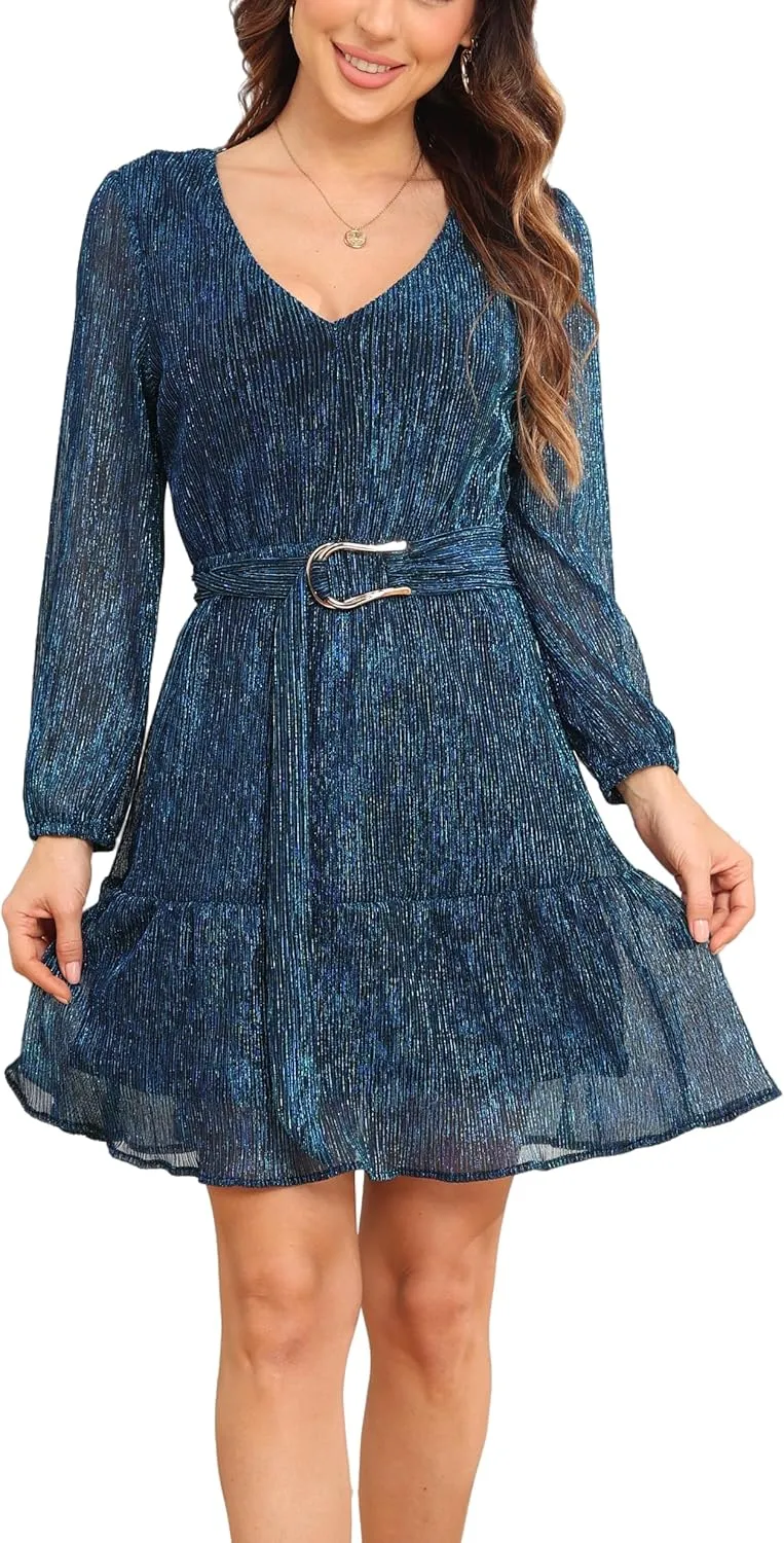 Woman Shiny Threads Dress Long Sleeve Lined with Belt V Neck Mini Pleated Dress