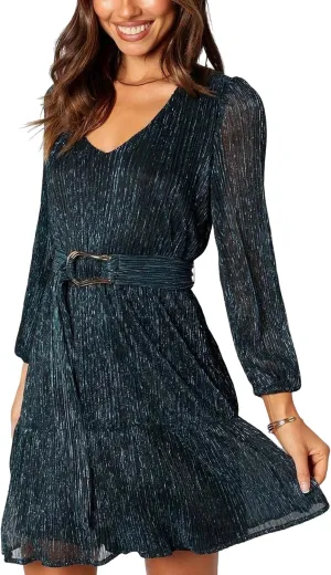 Woman Shiny Threads Dress Long Sleeve Lined with Belt V Neck Mini Pleated Dress