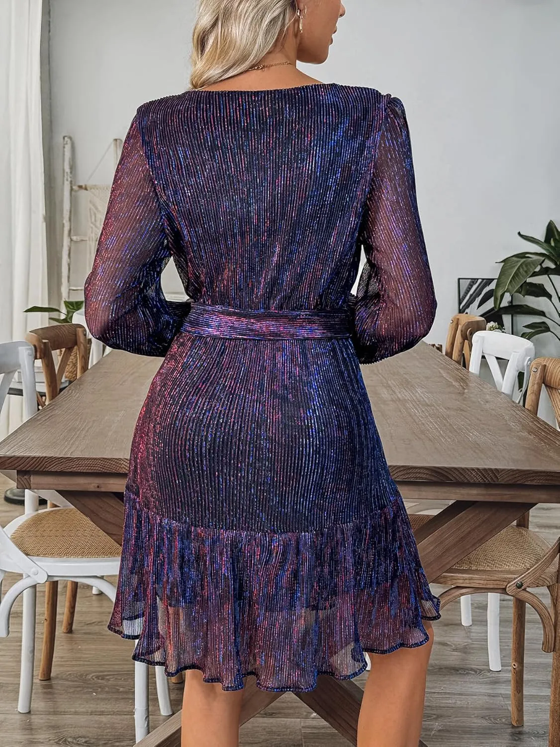 Woman Shiny Threads Dress Long Sleeve Lined with Belt V Neck Mini Pleated Dress
