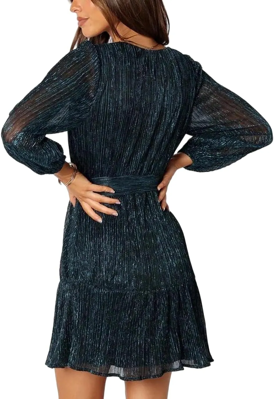Woman Shiny Threads Dress Long Sleeve Lined with Belt V Neck Mini Pleated Dress