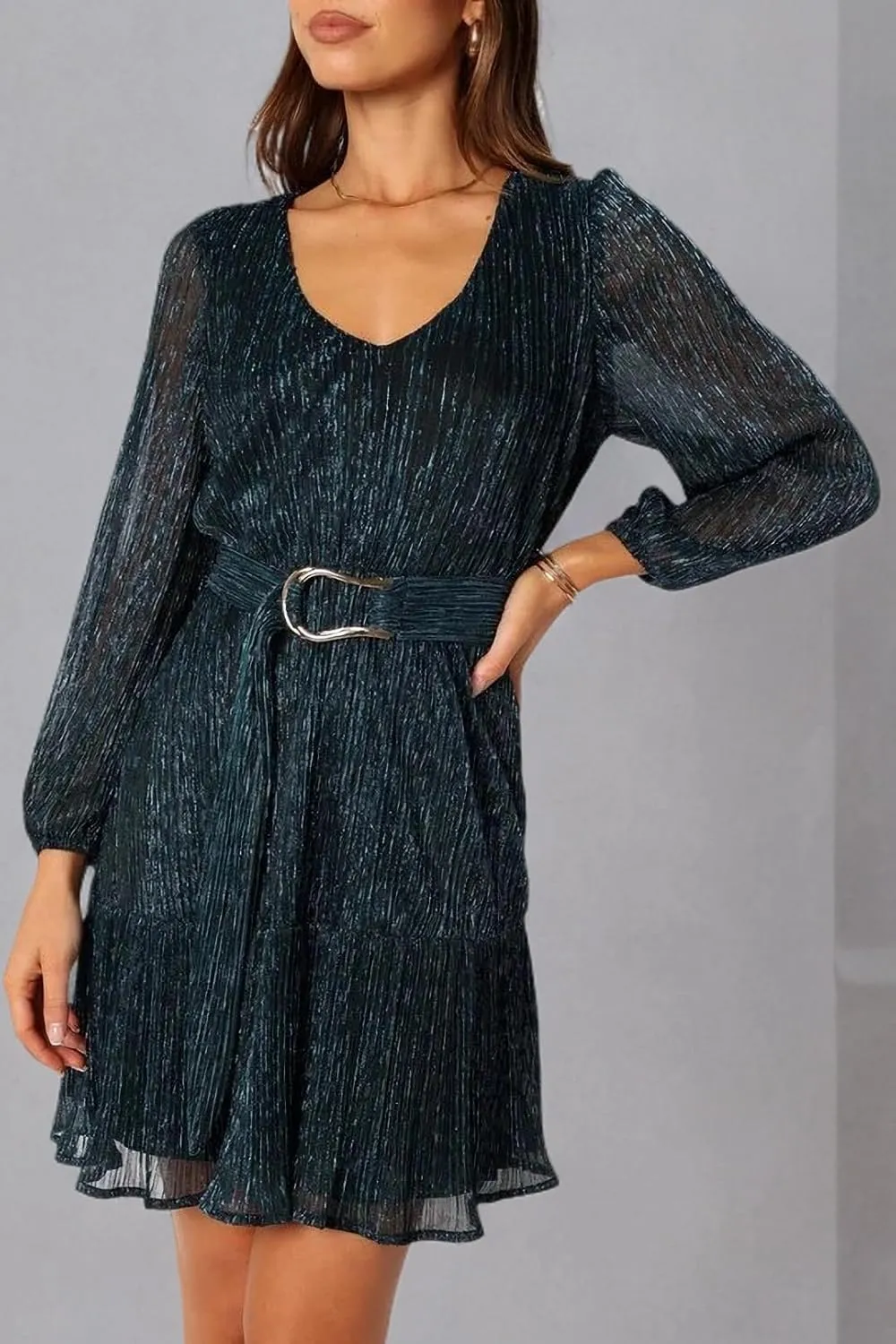Woman Shiny Threads Dress Long Sleeve Lined with Belt V Neck Mini Pleated Dress