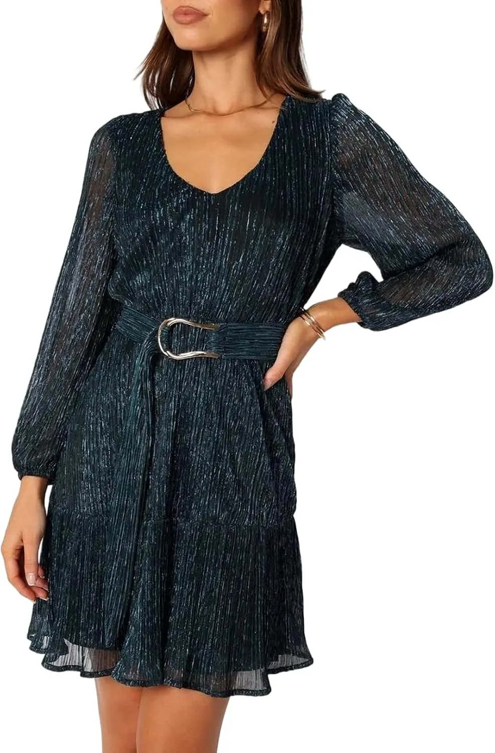 Woman Shiny Threads Dress Long Sleeve Lined with Belt V Neck Mini Pleated Dress