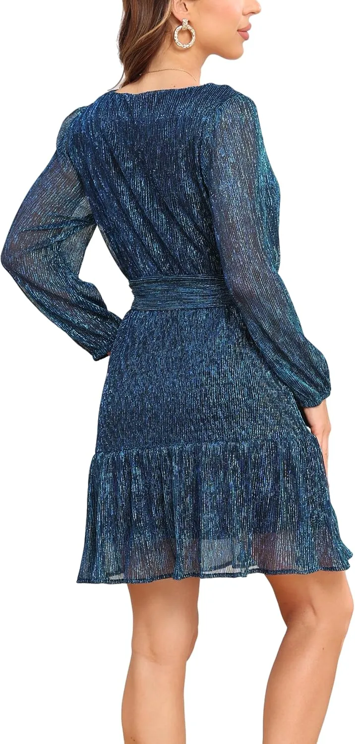 Woman Shiny Threads Dress Long Sleeve Lined with Belt V Neck Mini Pleated Dress
