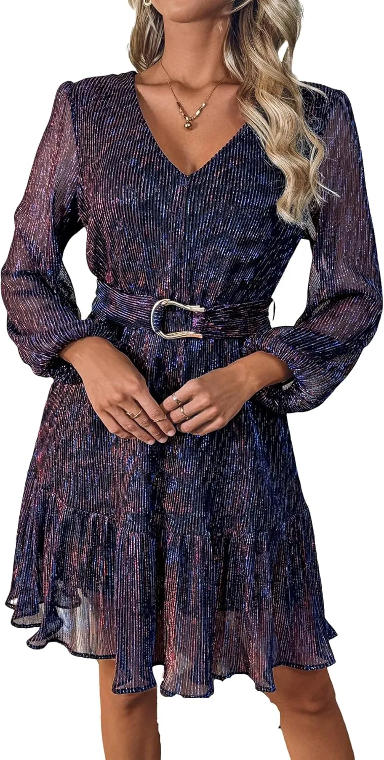 Woman Shiny Threads Dress Long Sleeve Lined with Belt V Neck Mini Pleated Dress