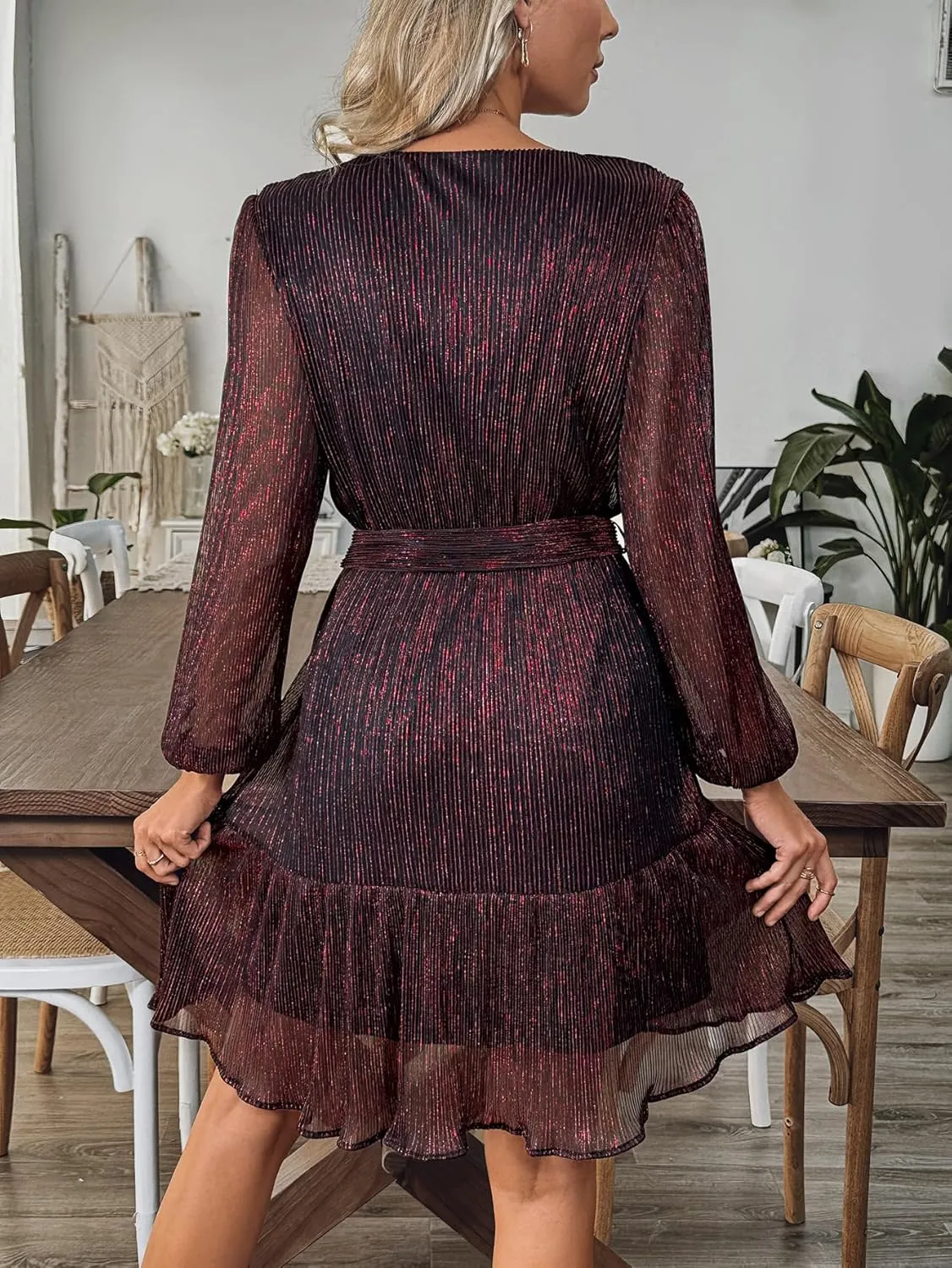 Woman Shiny Threads Dress Long Sleeve Lined with Belt V Neck Mini Pleated Dress