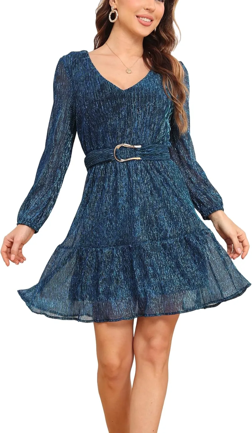 Woman Shiny Threads Dress Long Sleeve Lined with Belt V Neck Mini Pleated Dress