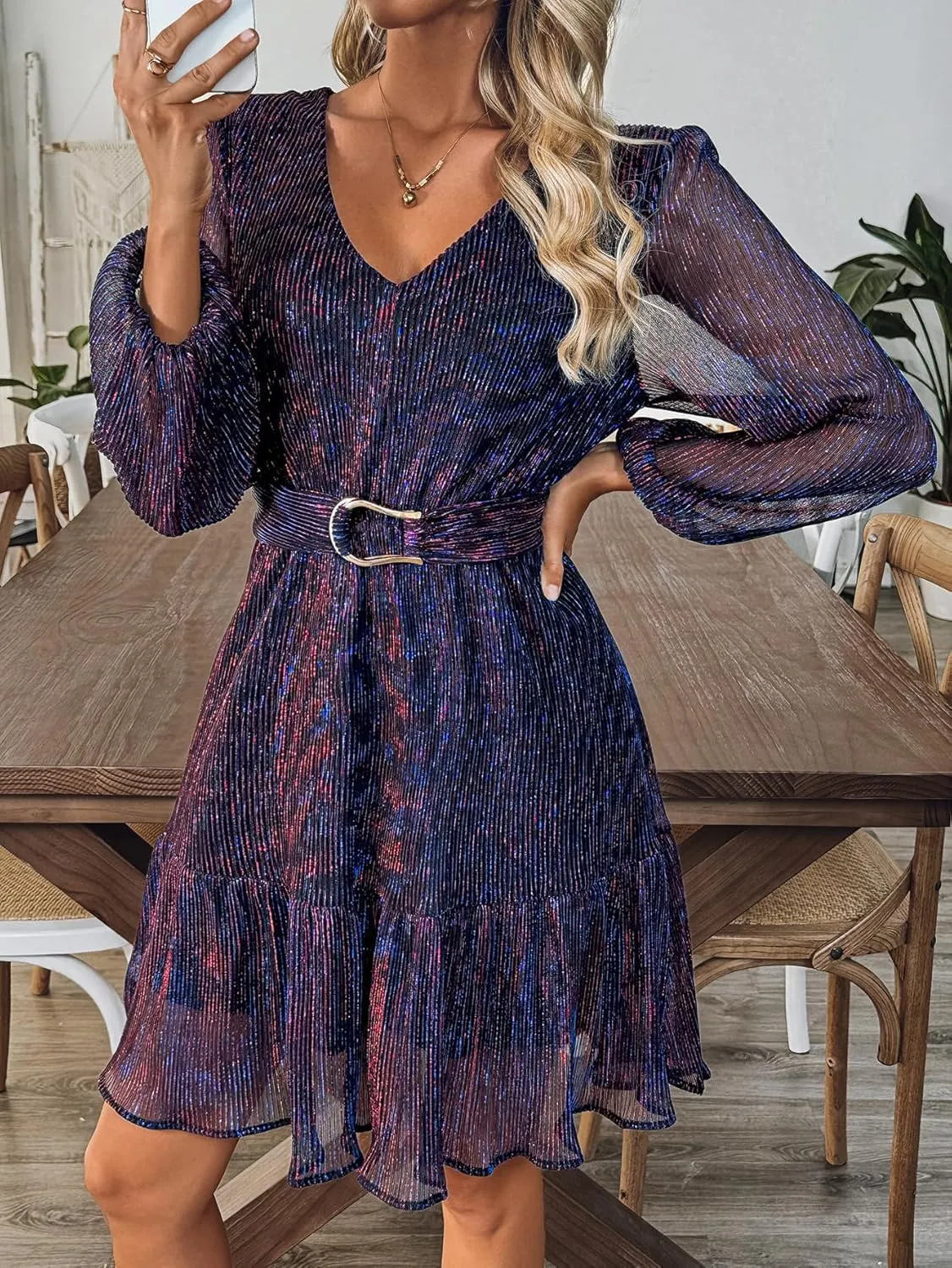 Woman Shiny Threads Dress Long Sleeve Lined with Belt V Neck Mini Pleated Dress