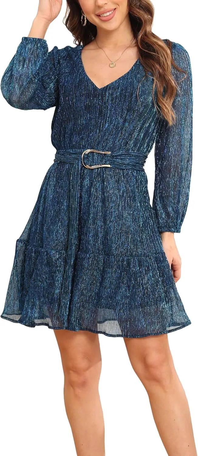 Woman Shiny Threads Dress Long Sleeve Lined with Belt V Neck Mini Pleated Dress