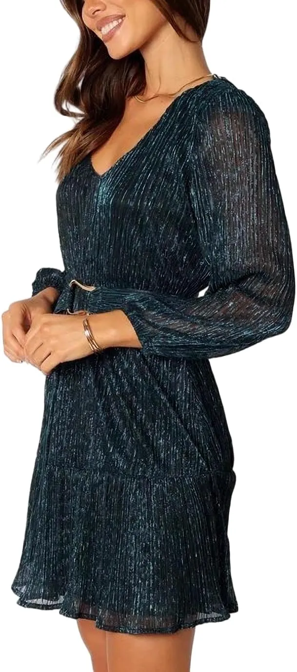 Woman Shiny Threads Dress Long Sleeve Lined with Belt V Neck Mini Pleated Dress