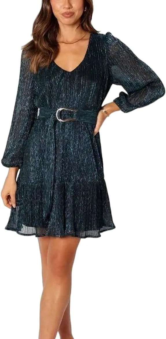 Woman Shiny Threads Dress Long Sleeve Lined with Belt V Neck Mini Pleated Dress