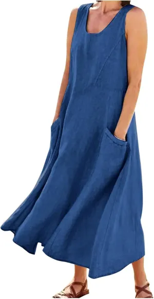 Women Casual Loose Solid Colour Sleeveless Cotton Linen Dress with Pockets Long Maxi Summer Beach Dress 2024