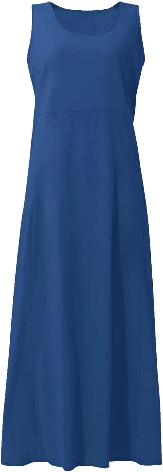 Women Casual Loose Solid Colour Sleeveless Cotton Linen Dress with Pockets Long Maxi Summer Beach Dress 2024