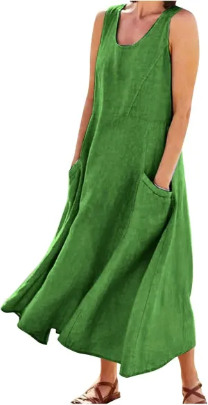 Women Casual Loose Solid Colour Sleeveless Cotton Linen Dress with Pockets Long Maxi Summer Beach Dress 2024