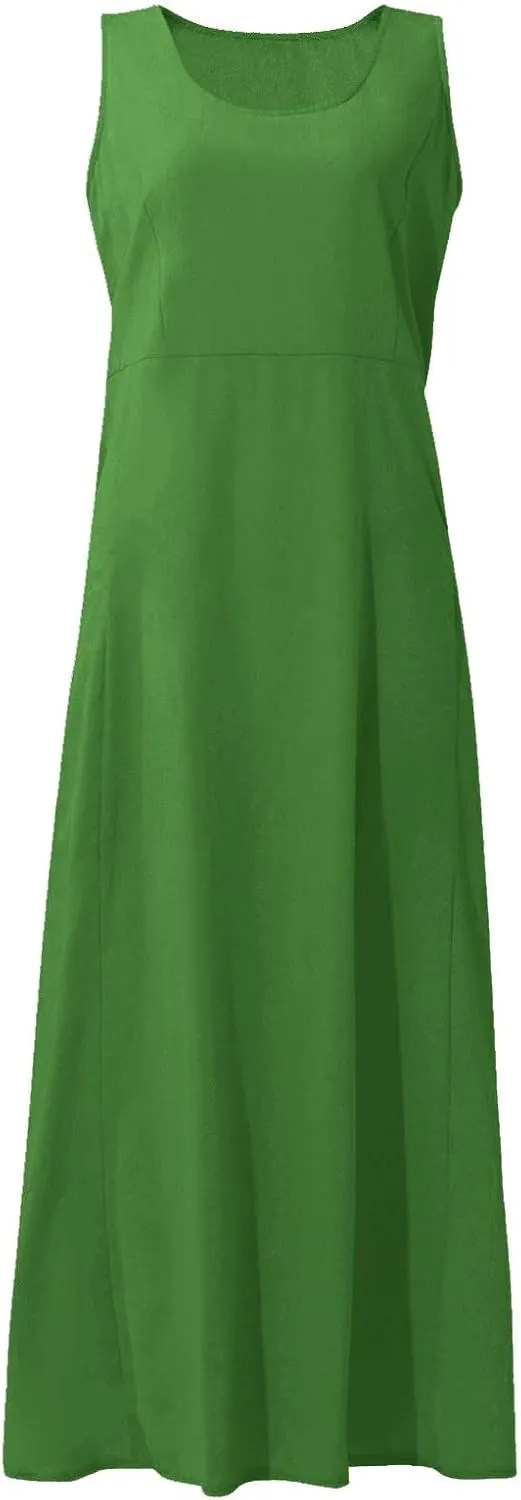 Women Casual Loose Solid Colour Sleeveless Cotton Linen Dress with Pockets Long Maxi Summer Beach Dress 2024