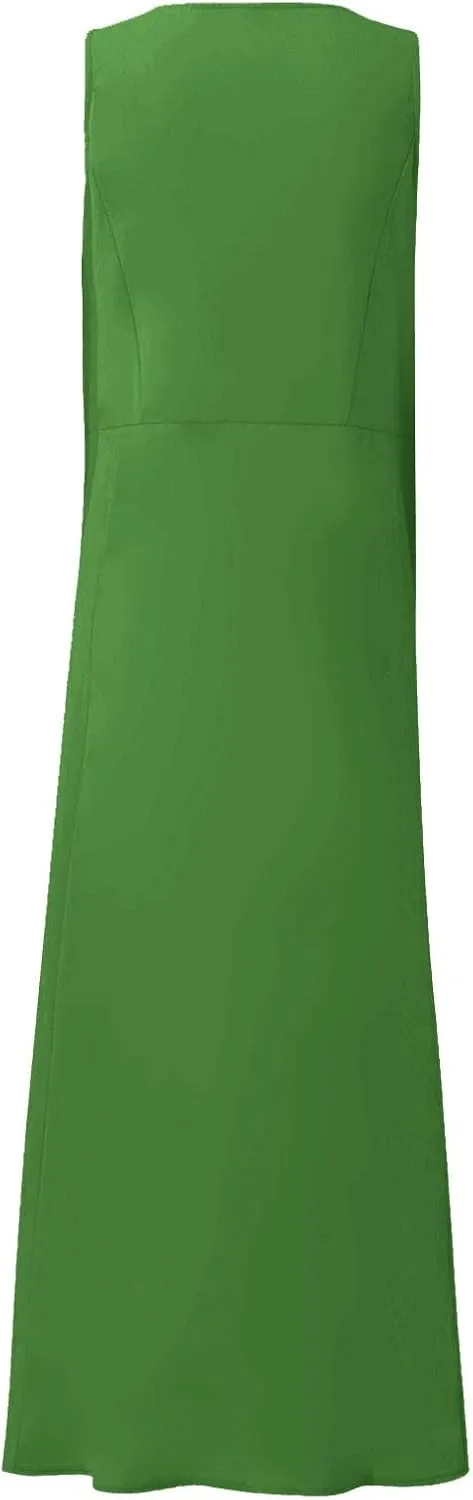 Women Casual Loose Solid Colour Sleeveless Cotton Linen Dress with Pockets Long Maxi Summer Beach Dress 2024