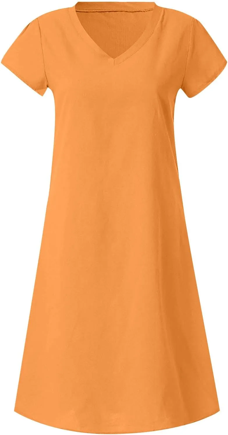 Women Dresses Summer Plus Size Short Sleeve V Neck Mini Dress Casual Loose Comfy Cotton Linen Knee Length Dress