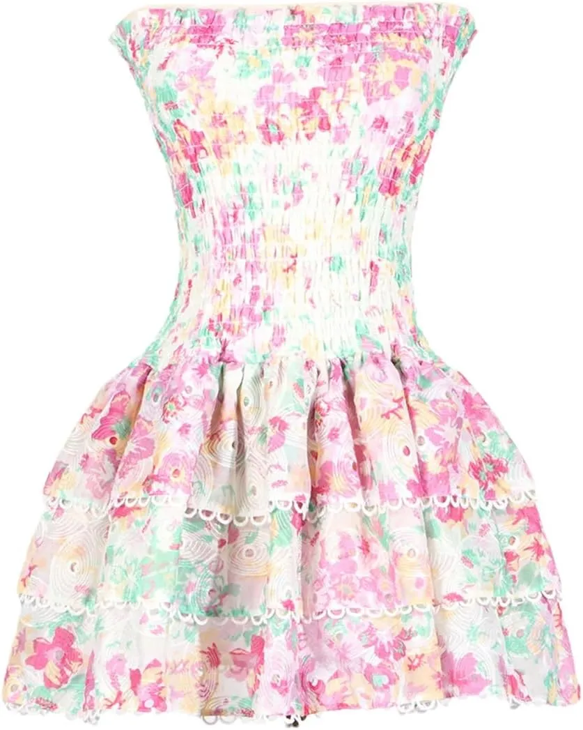 Women Floral Print Spliced Ruffles Short Dresses Strapless Sleeveless High Waist Slim Mini Dress