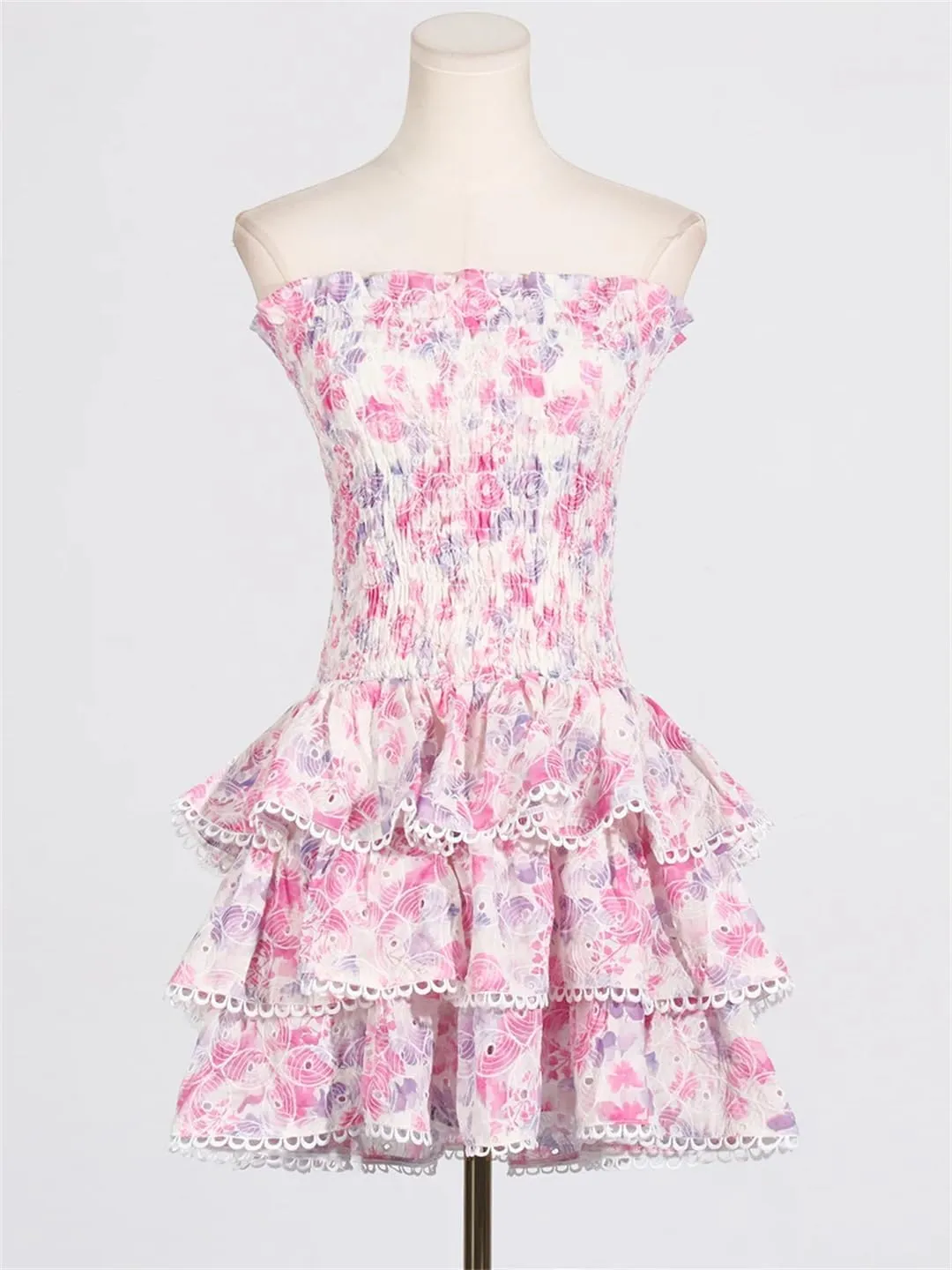 Women Floral Print Spliced Ruffles Short Dresses Strapless Sleeveless High Waist Slim Mini Dress