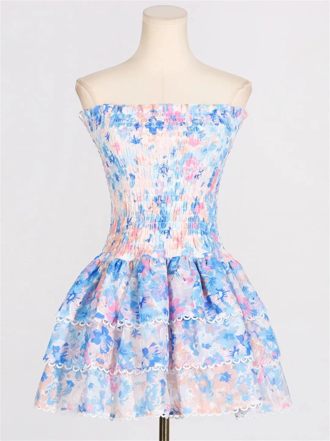 Women Floral Print Spliced Ruffles Short Dresses Strapless Sleeveless High Waist Slim Mini Dress