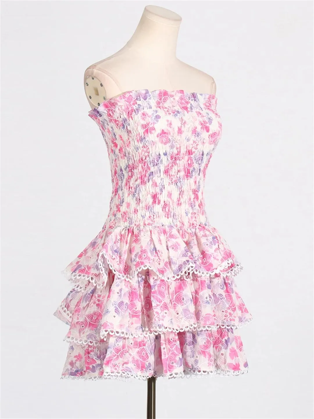 Women Floral Print Spliced Ruffles Short Dresses Strapless Sleeveless High Waist Slim Mini Dress