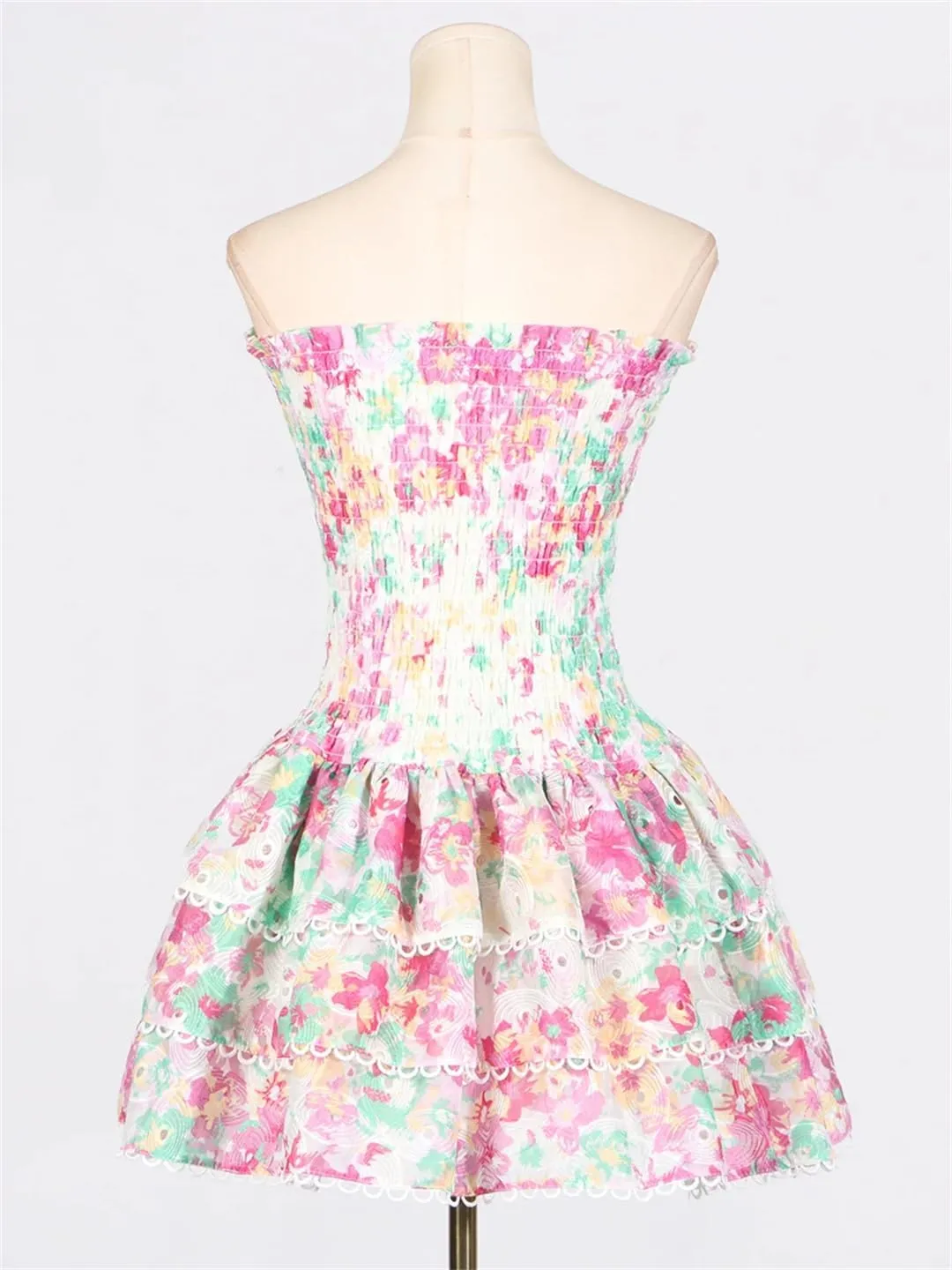 Women Floral Print Spliced Ruffles Short Dresses Strapless Sleeveless High Waist Slim Mini Dress