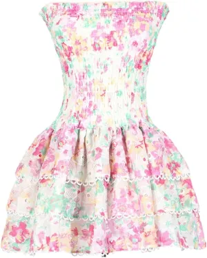 Women Floral Print Spliced Ruffles Short Dresses Strapless Sleeveless High Waist Slim Mini Dress