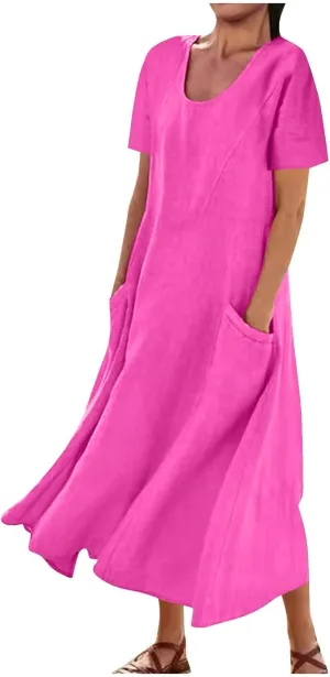 Women Flowy Cotton Linen Midi Dress Short Sleeve Casual Summer Dresses A Line Beach Dresses with Pockets