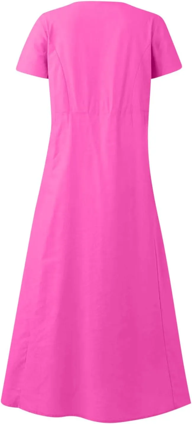 Women Flowy Cotton Linen Midi Dress Short Sleeve Casual Summer Dresses A Line Beach Dresses with Pockets
