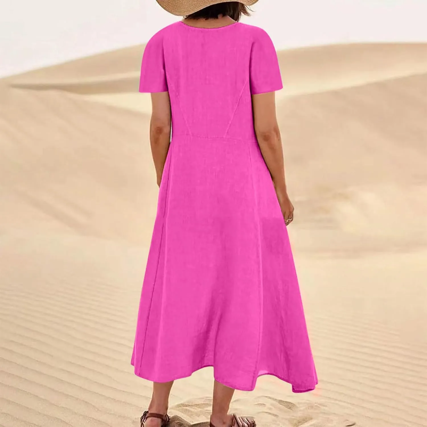Women Flowy Cotton Linen Midi Dress Short Sleeve Casual Summer Dresses A Line Beach Dresses with Pockets