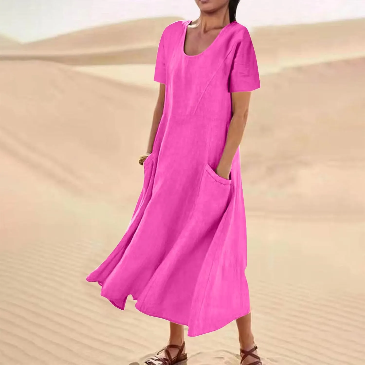 Women Flowy Cotton Linen Midi Dress Short Sleeve Casual Summer Dresses A Line Beach Dresses with Pockets