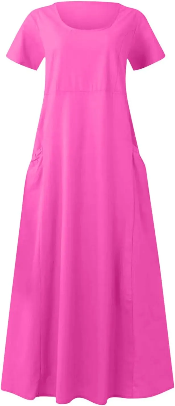 Women Flowy Cotton Linen Midi Dress Short Sleeve Casual Summer Dresses A Line Beach Dresses with Pockets
