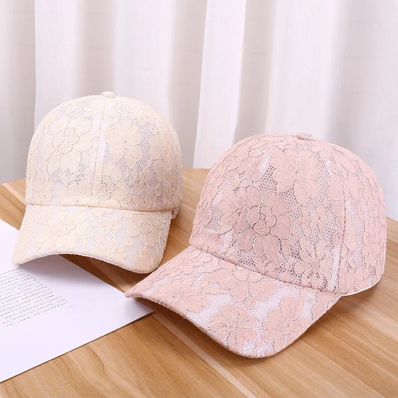Women Hollow Lace Flower Baseball Cap Summer Breathable Mesh Sun Hat