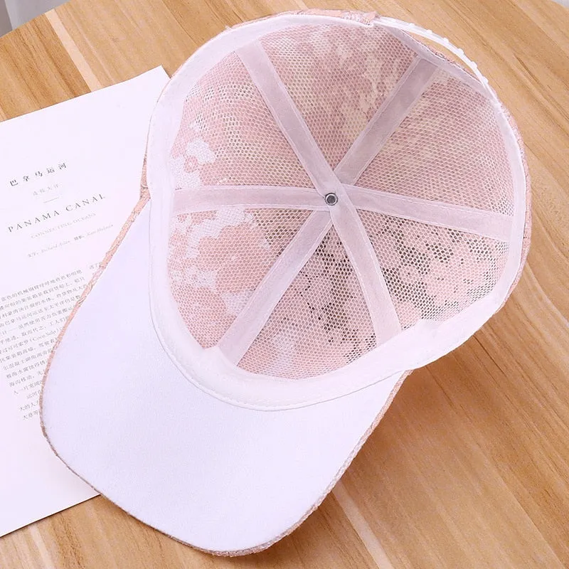 Women Hollow Lace Flower Baseball Cap Summer Breathable Mesh Sun Hat