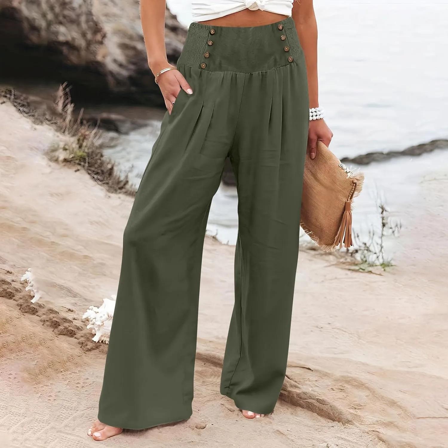 Women Linen Palazzo Pants Summer High Waist Wide Leg Flowy Smocked Pants Beach Vacation Clothes Casual Lounge Outfits