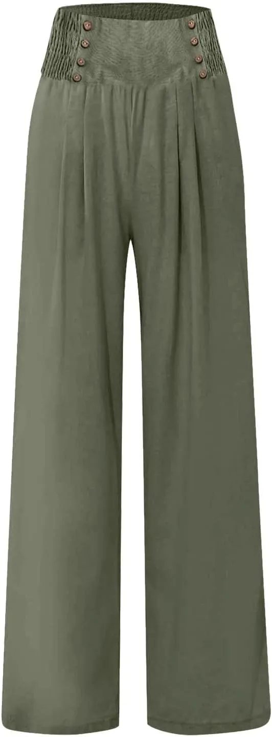 Women Linen Palazzo Pants Summer High Waist Wide Leg Flowy Smocked Pants Beach Vacation Clothes Casual Lounge Outfits