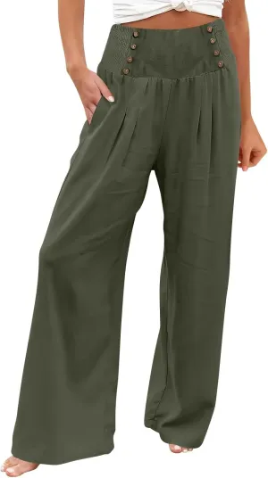 Women Linen Palazzo Pants Summer High Waist Wide Leg Flowy Smocked Pants Beach Vacation Clothes Casual Lounge Outfits