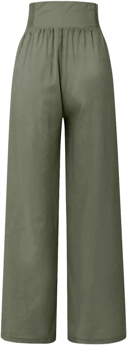 Women Linen Palazzo Pants Summer High Waist Wide Leg Flowy Smocked Pants Beach Vacation Clothes Casual Lounge Outfits