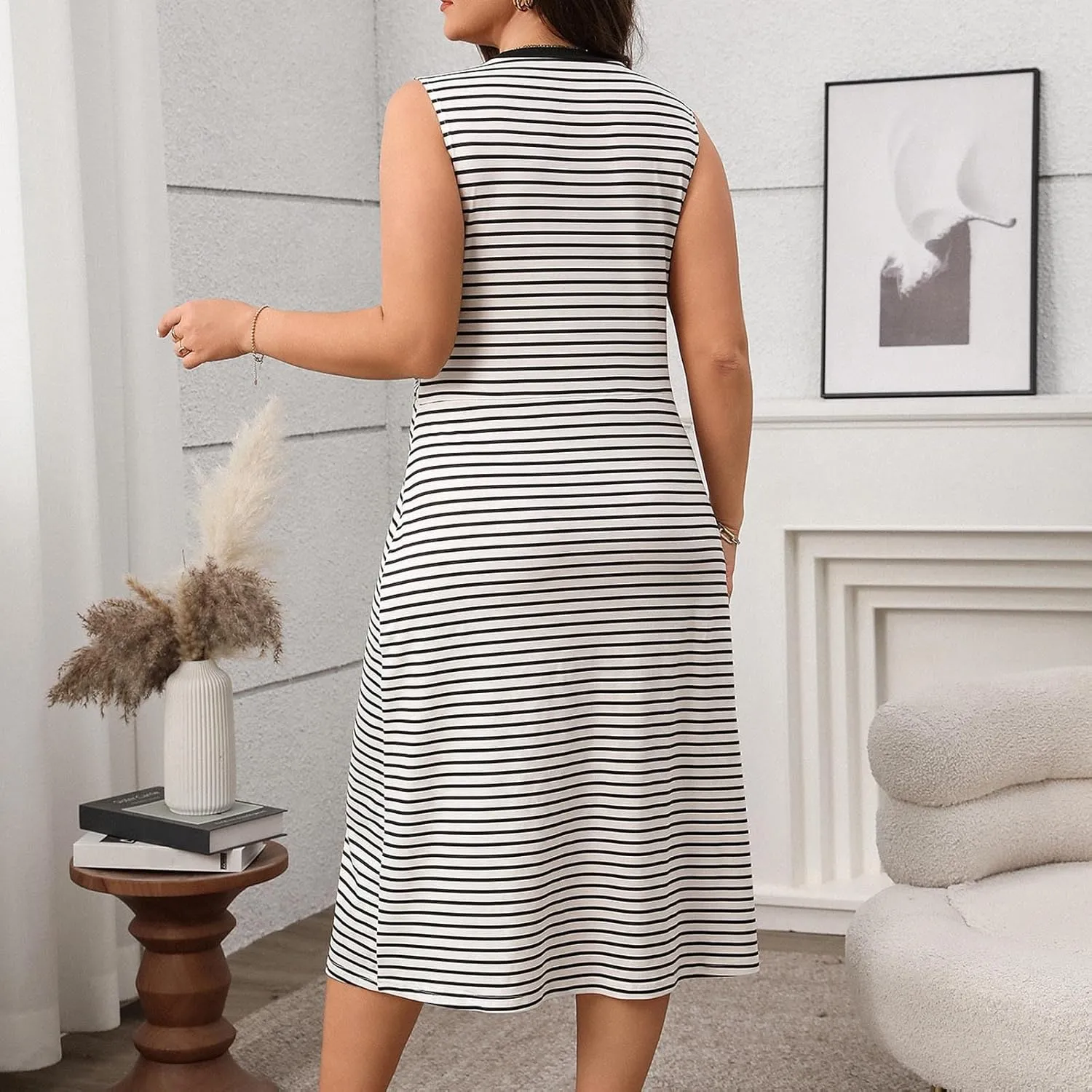 Women Plus Size Midi Dresses Summer Fashion Striped Sleeveless Round-Neck Lace up Ruched Tank Dress Beach Sundress