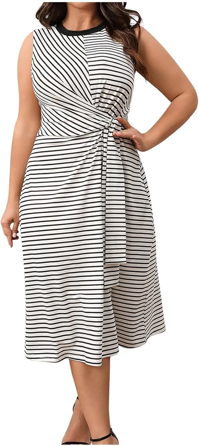Women Plus Size Midi Dresses Summer Fashion Striped Sleeveless Round-Neck Lace up Ruched Tank Dress Beach Sundress