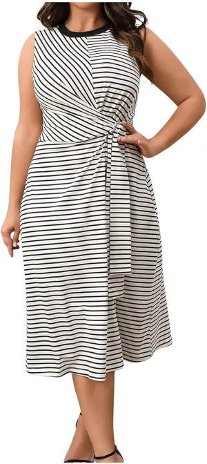 Women Plus Size Midi Dresses Summer Fashion Striped Sleeveless Round-Neck Lace up Ruched Tank Dress Beach Sundress