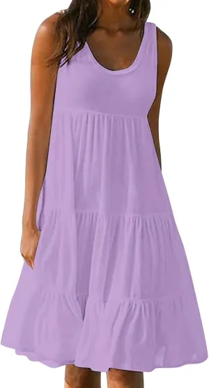 Women Plus Size Summer Dresses Loose Fit Crew Neck Sleeveless Sundress Cute Peplum Tired Beach Vacation Midi Dress