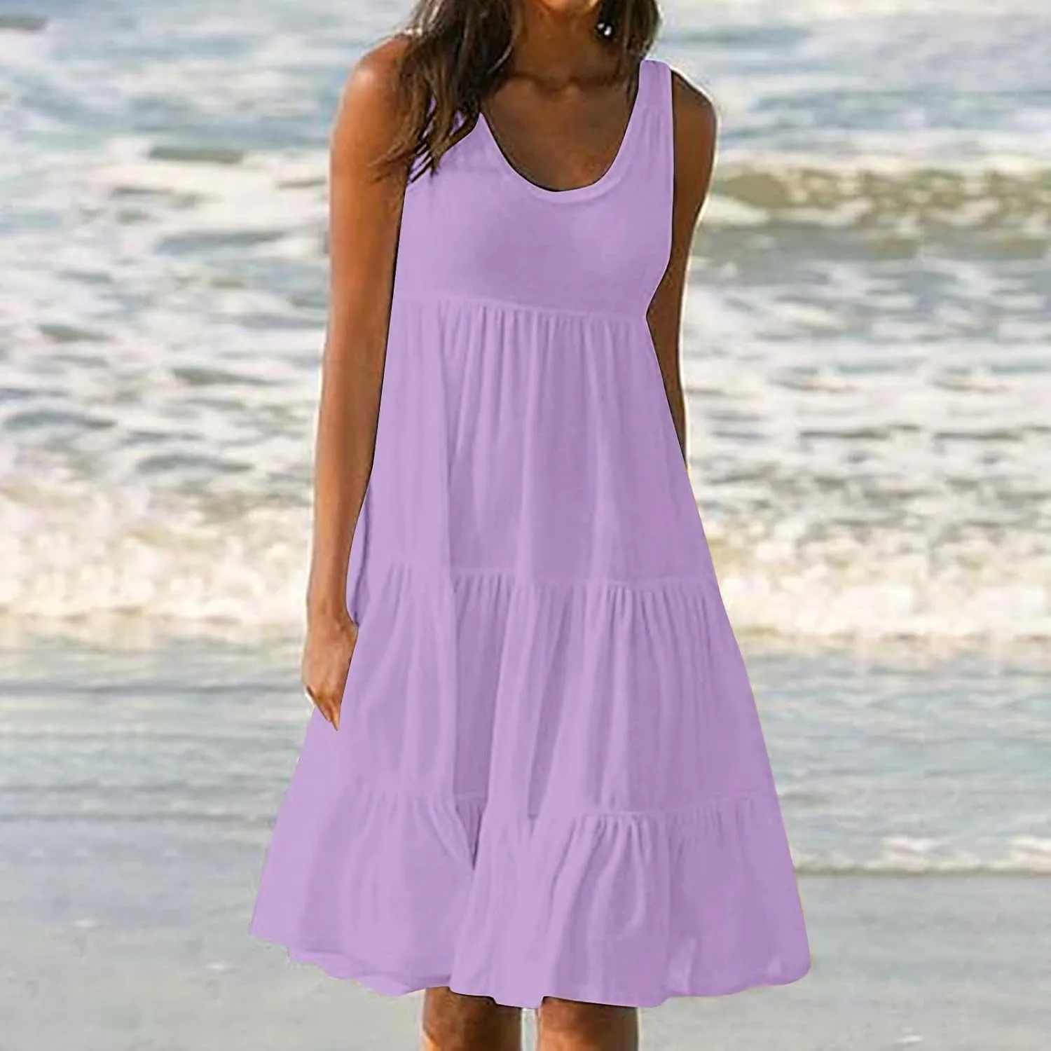 Women Plus Size Summer Dresses Loose Fit Crew Neck Sleeveless Sundress Cute Peplum Tired Beach Vacation Midi Dress