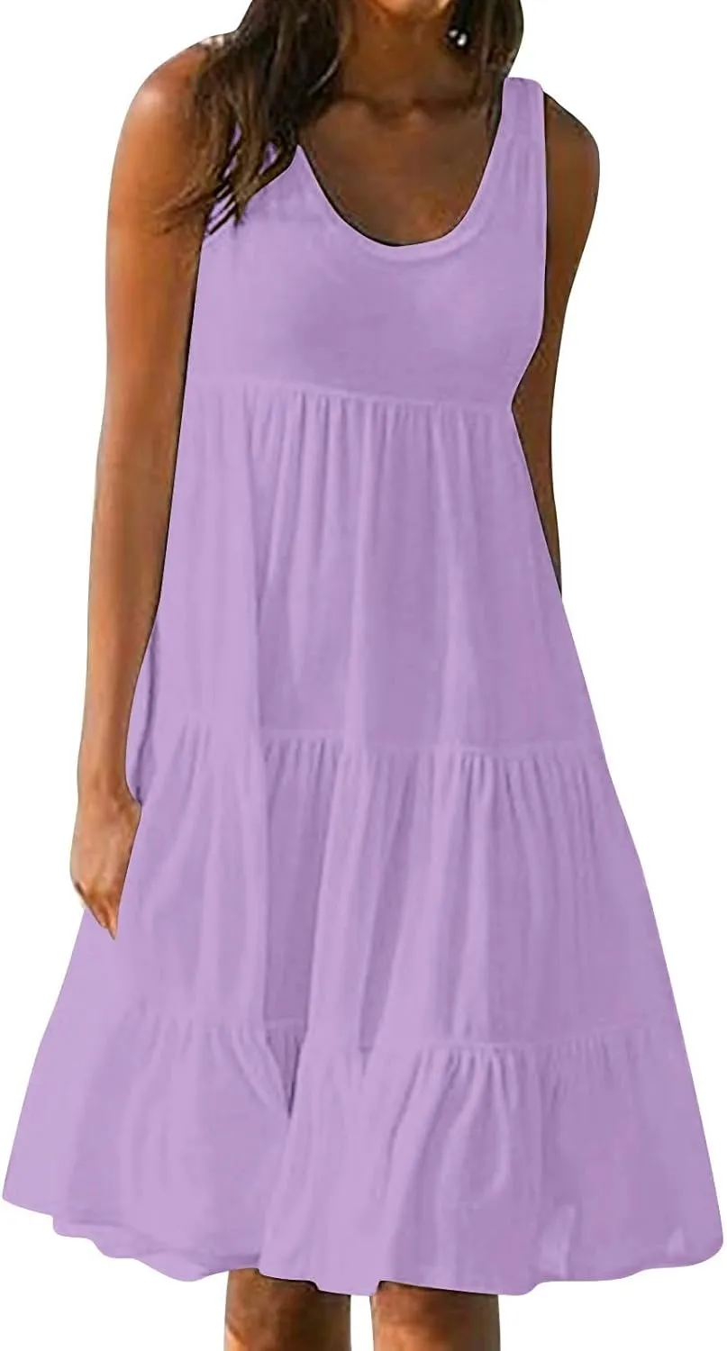 Women Plus Size Summer Dresses Loose Fit Crew Neck Sleeveless Sundress Cute Peplum Tired Beach Vacation Midi Dress