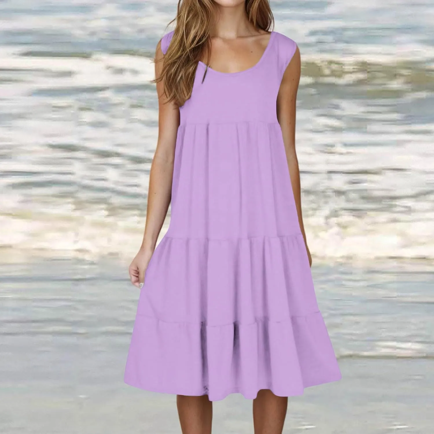 Women Plus Size Summer Dresses Loose Fit Crew Neck Sleeveless Sundress Cute Peplum Tired Beach Vacation Midi Dress