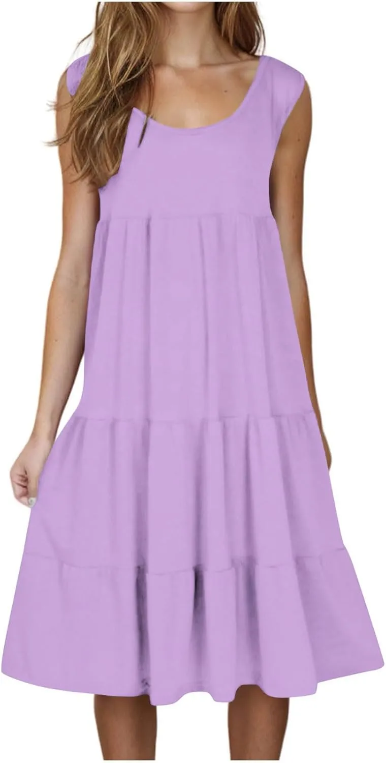 Women Plus Size Summer Dresses Loose Fit Crew Neck Sleeveless Sundress Cute Peplum Tired Beach Vacation Midi Dress